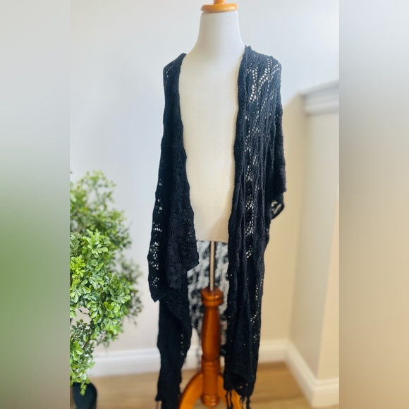 SHEIN Other - Shein 1XL bathing suit cover up swimsuit fringe crochet black kimono lightweight